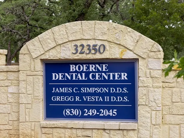 The stone monument sign at 32350 I-10 West: Boerne Dental Center, James C. Simpson D.D.S. and Gregg R. Vesta II D.D.S.