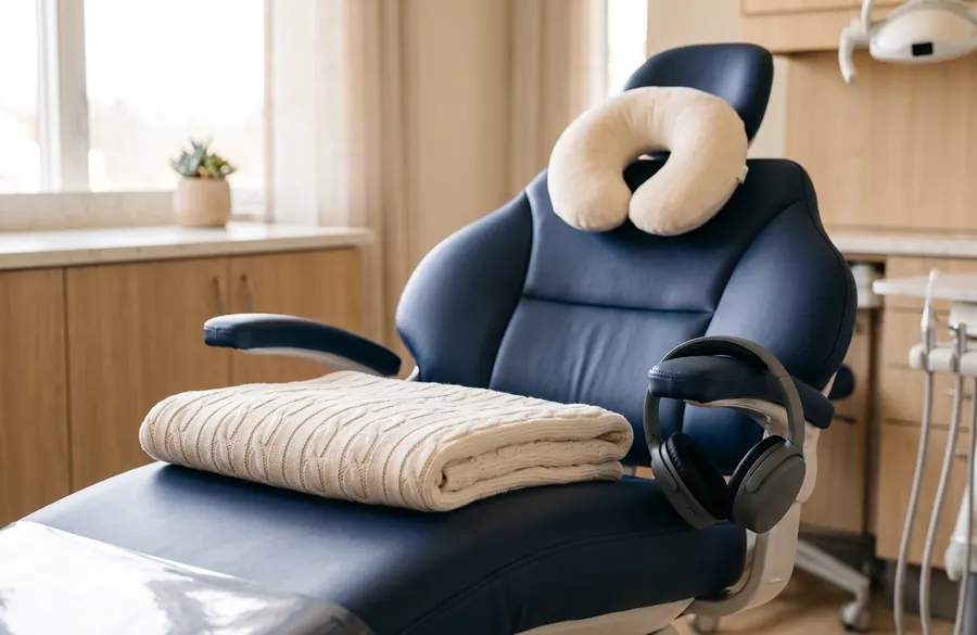A dental chair with a soft blanket and a small neck pillow, ready for the next patient.