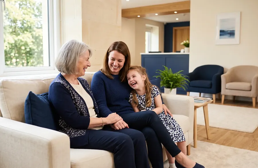 Three generations of one family together in a bright dental waiting area.