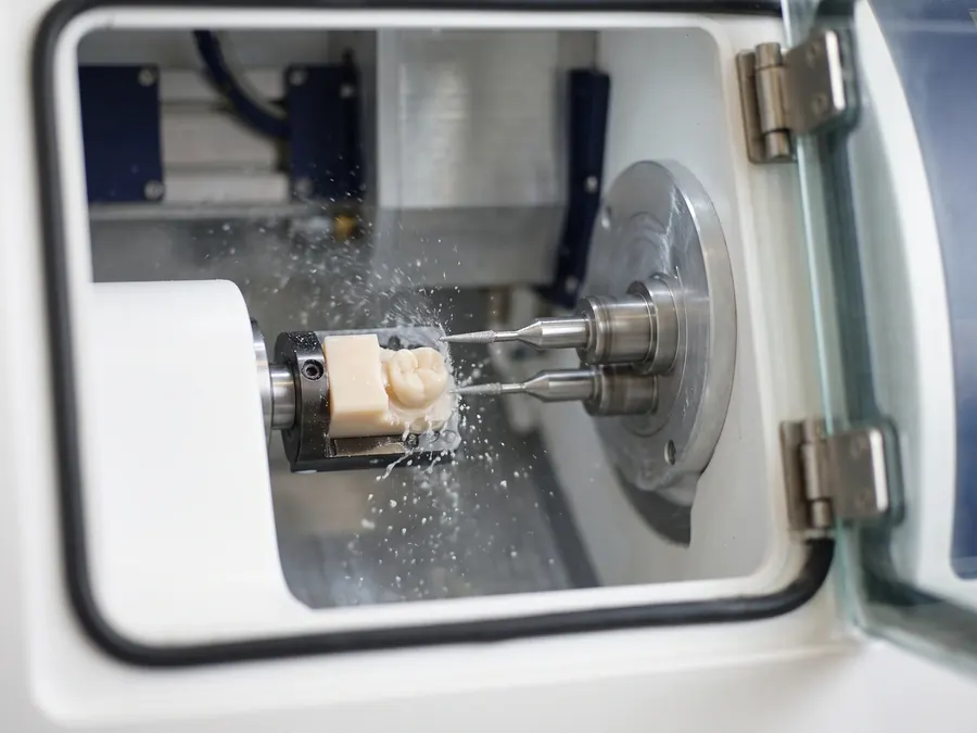 A chairside milling unit carving a tooth-colored ceramic crown from a block.